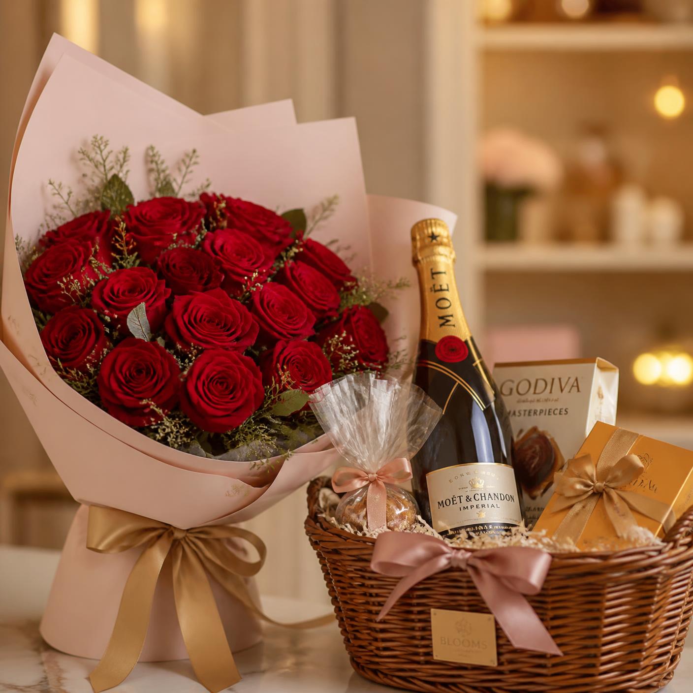 Buquê de rosas vermelhas com cesta de presentes romântica